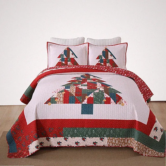 3 Pcs Patchwork Christmas Tree Quilt Set – Reversible Holiday Bedspread BY218