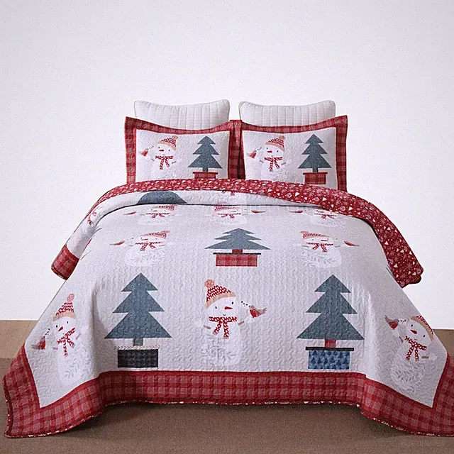 3 Pcs Snowman & Tree Christmas Quilt Reversible Holiday Bedspread Set BY217
