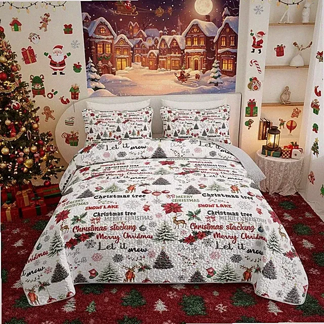 3 Piece Christmas Quilt Set, Christmas Tree Snowflake Quilt Bedspread Throw B...