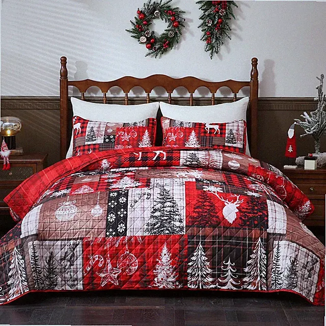 3PC Queen Christmas Quilt Set Buffalo Plaid Deer Patchwork Bedspread 90x90