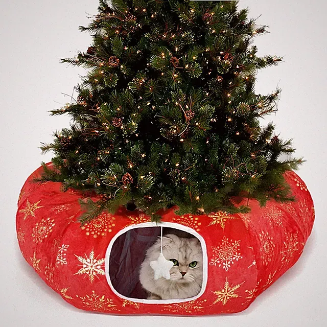 Cat Tunnel Bed for Indoor Cats, L Christmas Tree Skirts Washable Warm Soft In...