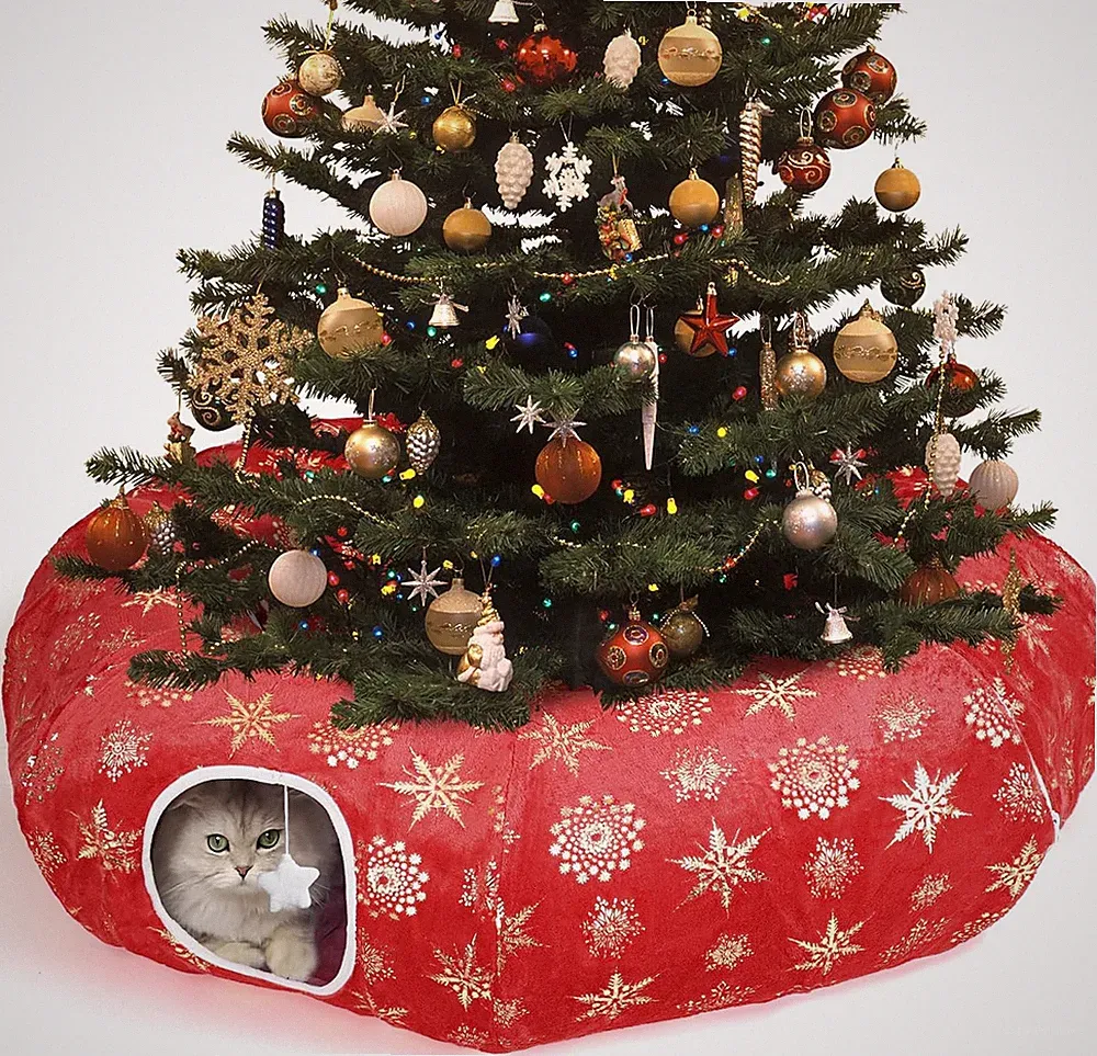 Cat Tunnel Bed for Indoor Cats, XL Christmas Tree Skirts Washable Warm Soft Indo