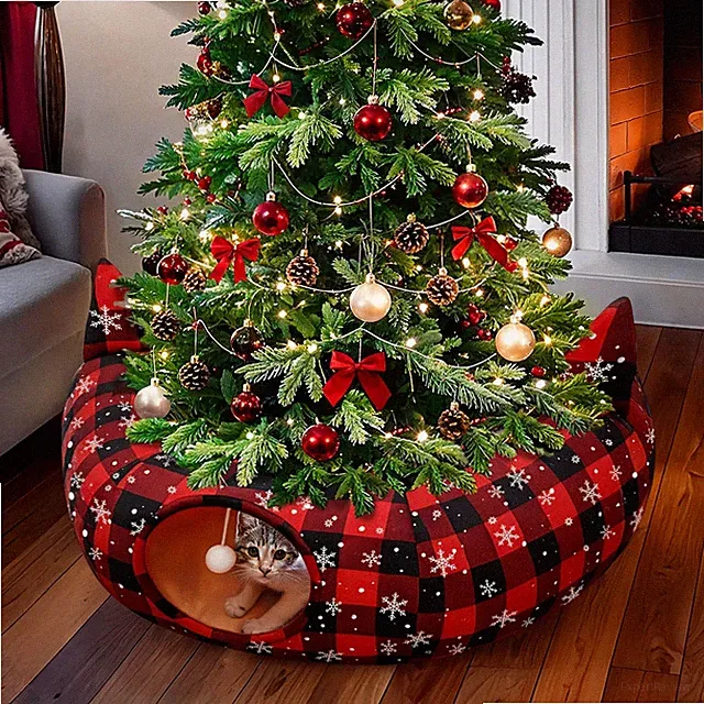 Cat Tunnel Christmas Tree Skirt, Exquisite Cat Bed Tunnel with Hanging Ball,...