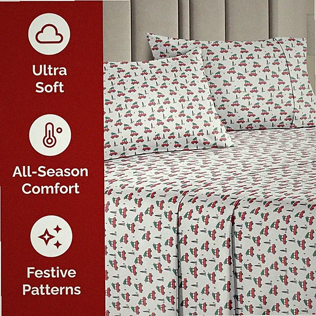 CGK LINENS QUEEN/KING CHRISTMAS SHEET SETS TRUCK & PINE TREE Have a holly jolly
