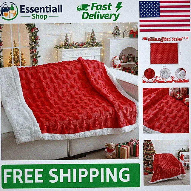 Charming Red Christmas Sherpa Blanket with 3D Tree, Ideal Holiday Gift, 50 x 60