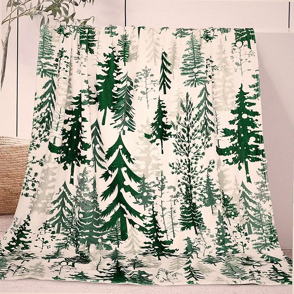 Christmas Blanket Watercolor Green Pine Tree Throw Blanket Soft Plush Blanket...