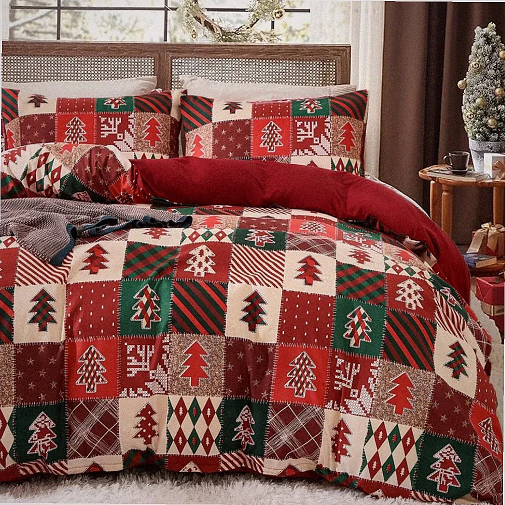 Christmas Duvet Cover Queen Holiday Bedding Christmas Tree Pattern, Red Reve...