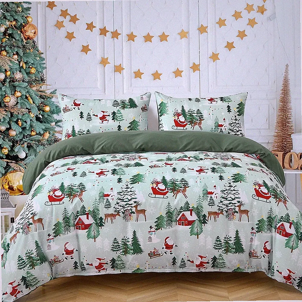 Christmas Duvet Cover Set Queen Size 3 Piece, Green Christmas Tree Deer Pattern