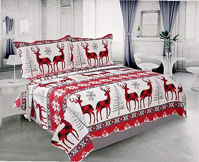 Christmas Embossed Printed Bedspread Coverlet Quilt Set, Xmas Red Deer Snowflake
