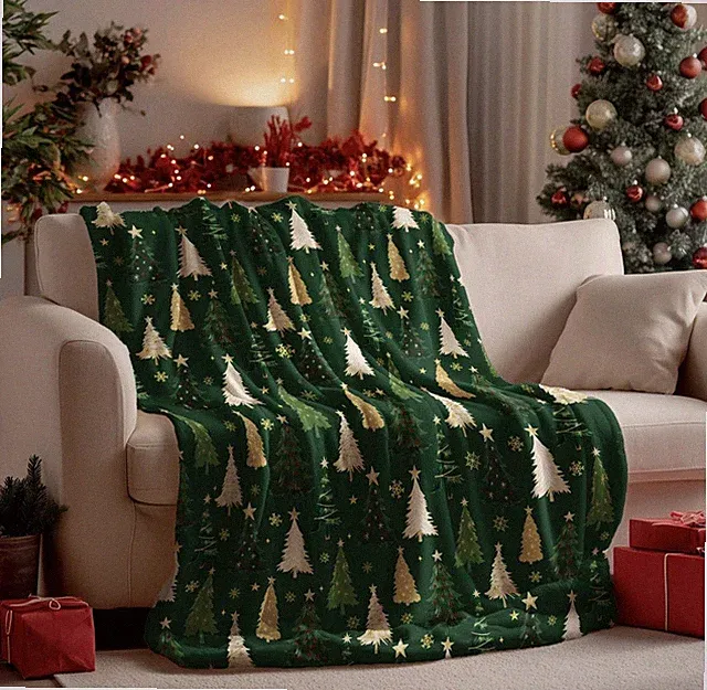 Christmas Sherpa Flannel Blanket Throw Green Tree Soft Fuzzy Plush Fleece 50x60