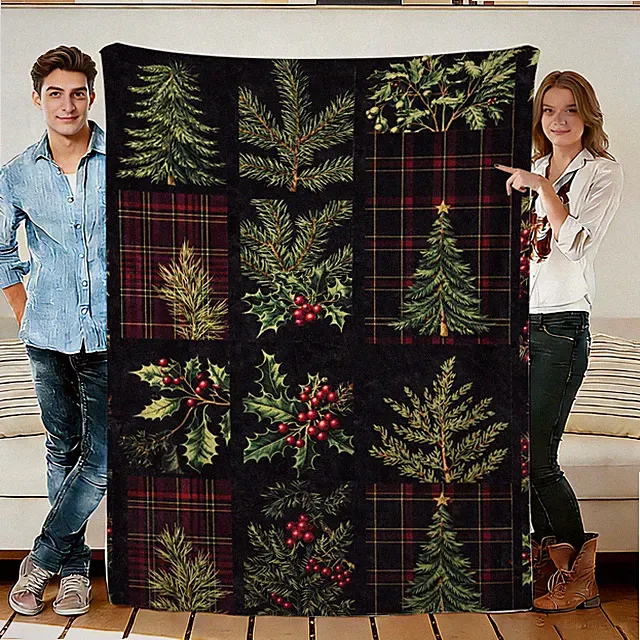Christmas Tree and Holly Flannel Blanket Soft Cozy Tapestry Napping Travel Use