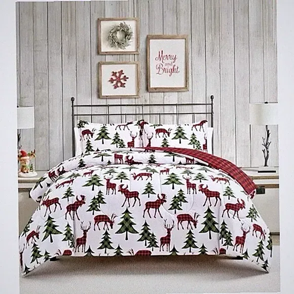 Christmas Tree Deer Buffalo Plaid Queen Comforter Set 3 Piece Reversible New
