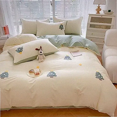 Cotton Duvet Cover Queen Size, Green 3D Embroidery Full/Queen Christmas Tree