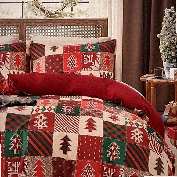 DadaFash Twin Christmas Tree Patchwork Duvet Cover and Sham Set Red Green Cream