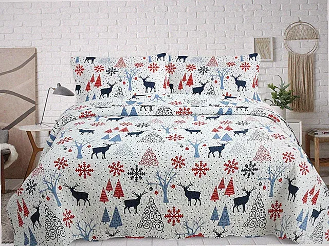 Embossed Printed Bedspread Coverlet Soft Christmas Quilt Set, Xmas Reindeer Twin