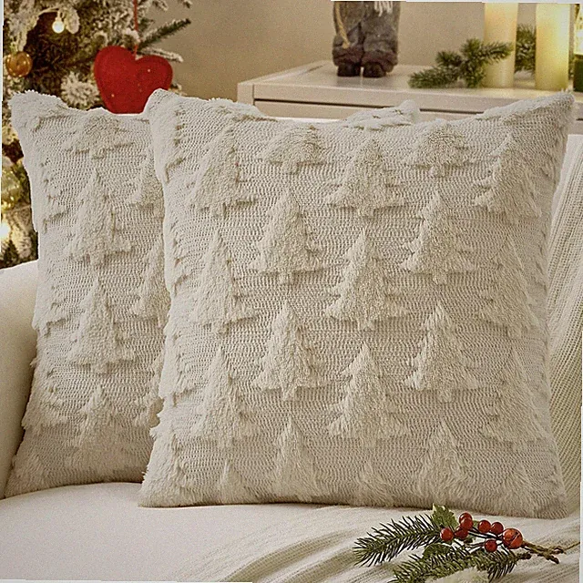 Festive Throw Pillowcases, 2 Pack, Soft Beige Christmas Tree, Holiday Decor