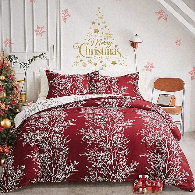 Flysheep Red Tree Botanical Christmas Comforter Set King Size, Burgundy and W...
