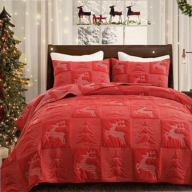 Grassix King Christmas Velvet Quilt Set 3PC - Xmas Tree, Reindeer Pattern