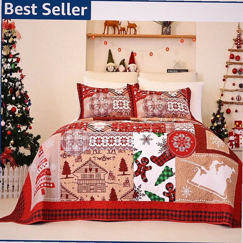 King/Cal King Size Christmas Comforter Set with 2 Pillow Shams, Reversible Red H