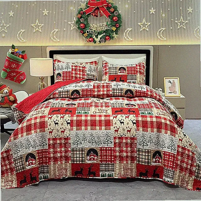 King Size Christmas Quilt Set Red Xmas Tree Size, Rustic Lodge Deer