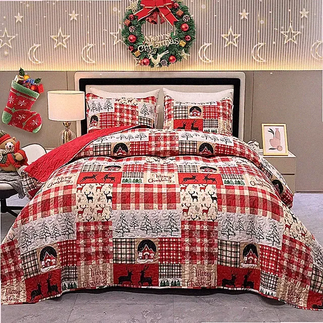 King Size Christmas Quilt Set Red Xmas Tree Snowflake Reindeer Lodge Cabin Quilt