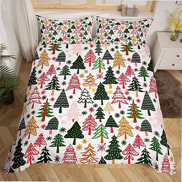 Manfei Christmas Tree Duvet Cover Queen Size,Cartoon Geometric Pattern Comfor...