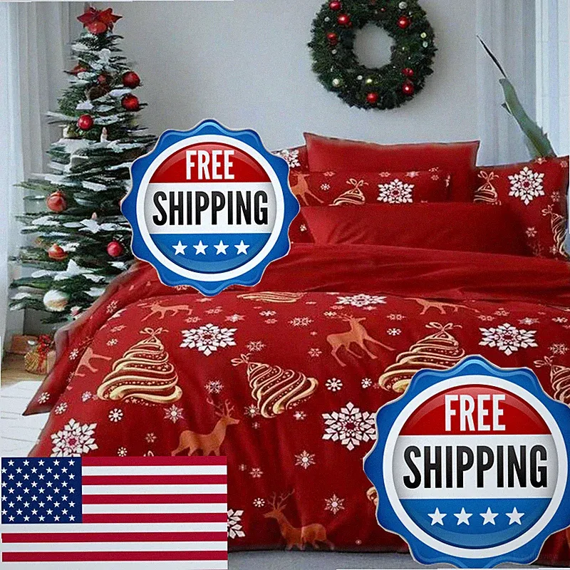 Nanko Christmas Duvet Cover Queen Size 3Pc Red Deear Gold Tree And Snow Pattern