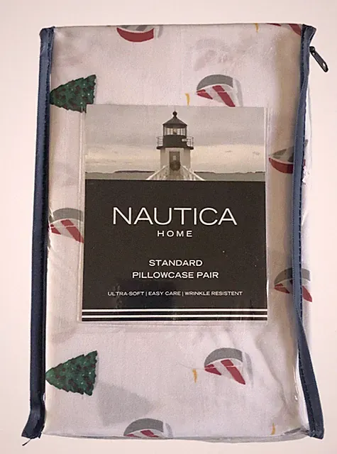 Nautica Christmas Tree Sailboat Standard Pillowcases Holiday Sails White 2 Pack