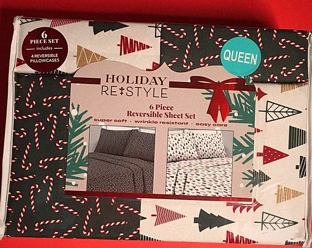 NEW 6 PC CHRISTMAS TREES CANDY CANES REVERSIBLE QUEEN SHEET SET 4 PILLOWCASES
