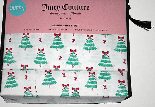 NEW Juicy Couture Los Angeles 6 Piece QUEEN Sheet Set Christmas Tree Bow Bows