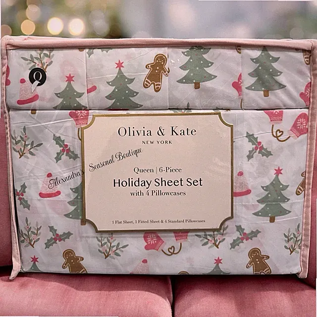 Olivia & Kate Queen 6 PC Sheet Set Gingerbread Man Christmas Tree Pink Mittens