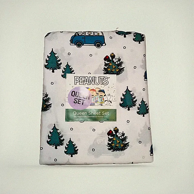 Peanuts Snoopy Christmas Tree Truck Holiday Queen Sheet Set 4PC Berkshire NWT