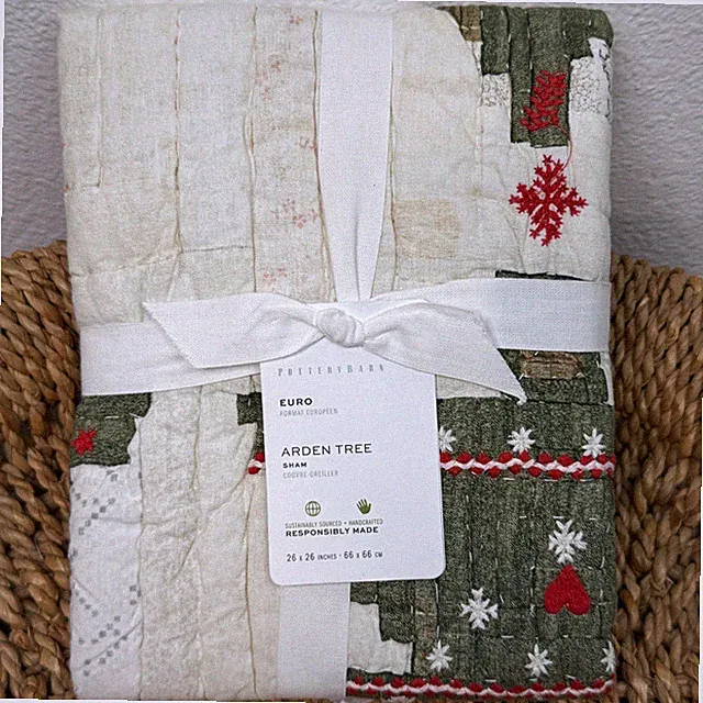 POTTERY BARN ARDEN TREE HANDCRAFTED QUILTED SHAM SET OF (2) EURO ~ CHRISTMAS