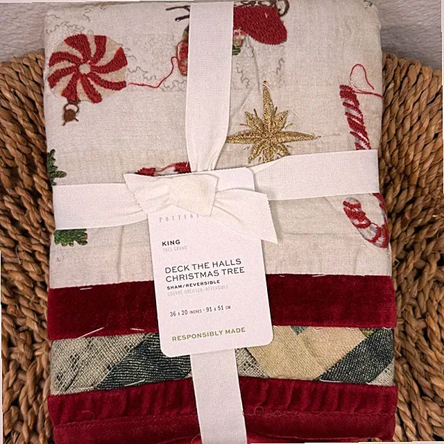 POTTERY BARN DECK THE HALLS CHRISTMAS TREE REVERSIBLE QUILTED KING SHAM HOLIDAY