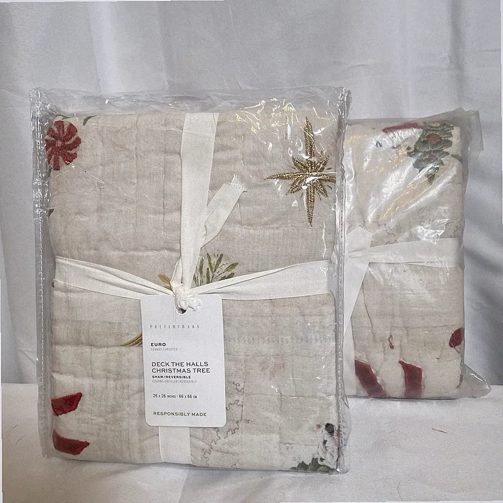 Pottery Barn Deck The Halls Christmas Tree Reversible Quilted Shams Set (2) Euro