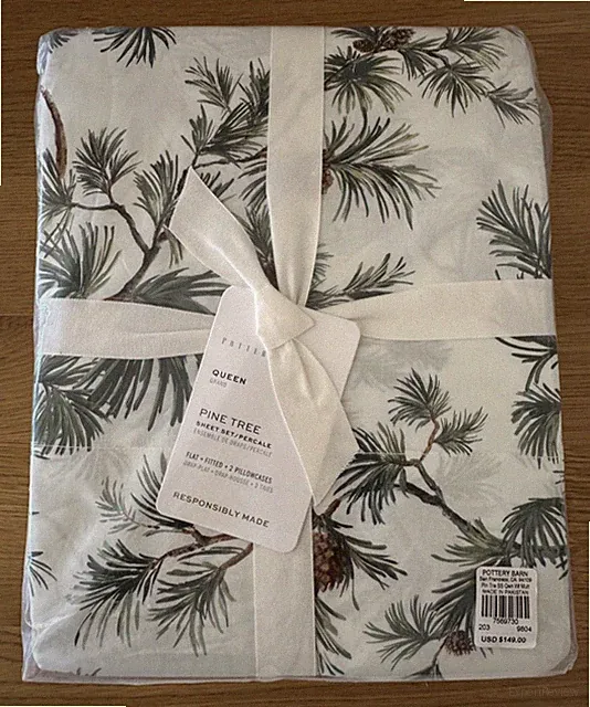Pottery Barn PINE TREE Cone PRINTED Percale Sheet Set 4/PCs Queen Christmas New