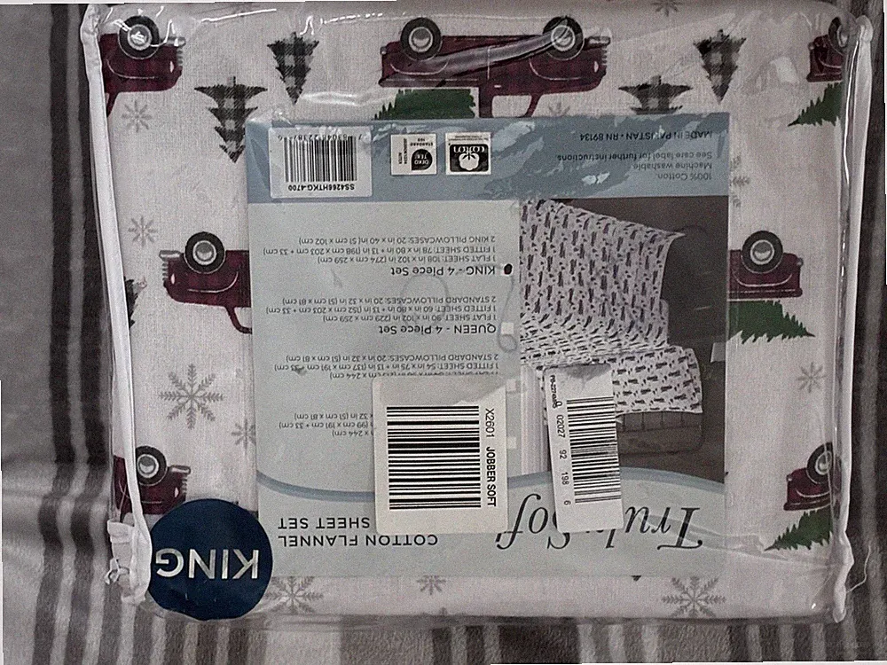 True Soft King Sheet Set Cotton Flannel Truck Tree Christmas Holiday